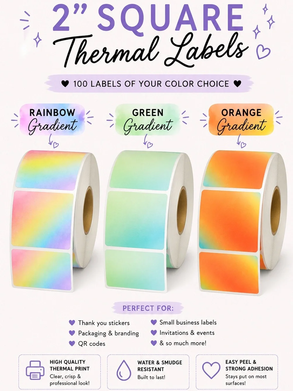 100 Custom 2” Square Thermal Labels - Choose Color